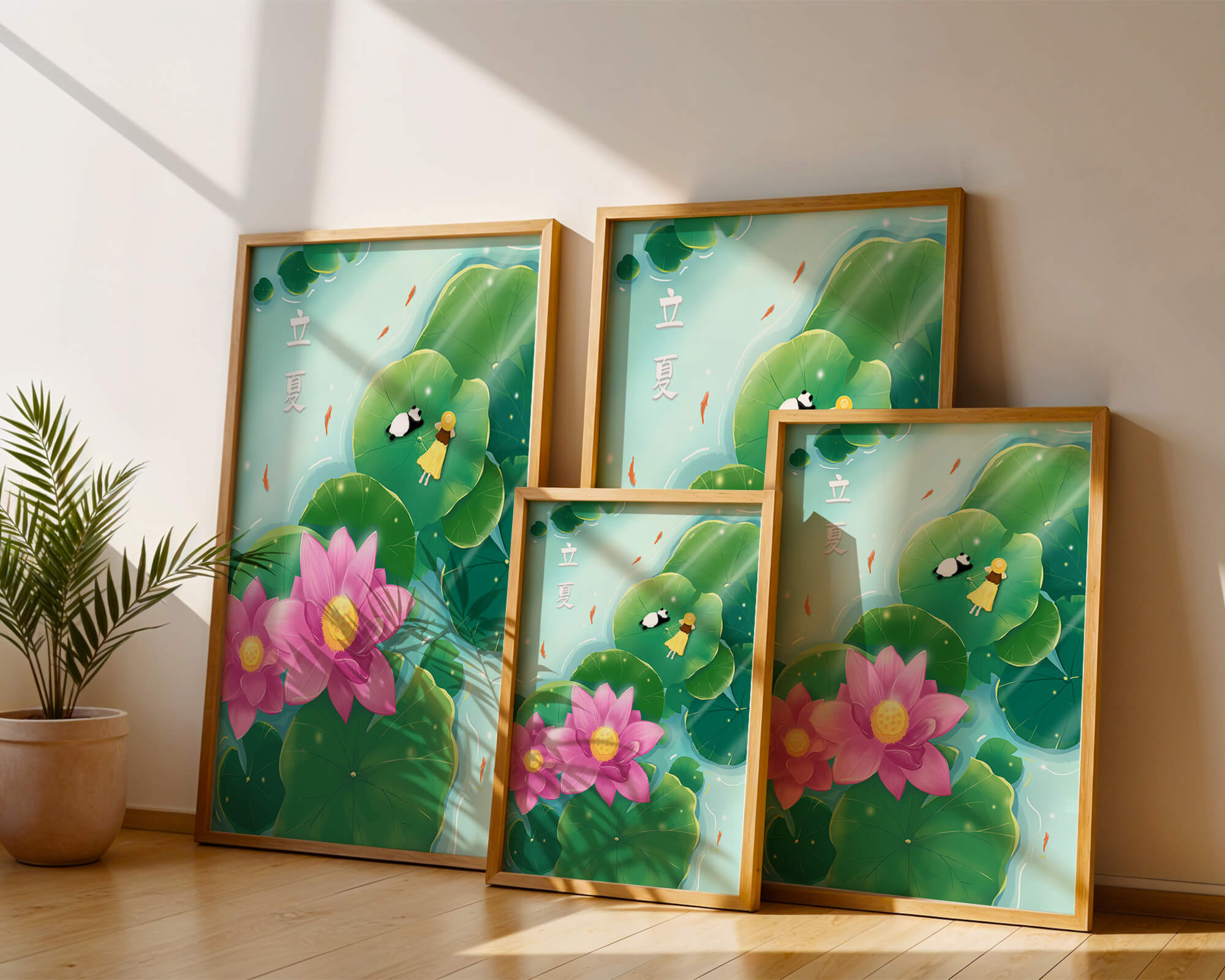 Girl and Panda Relaxing on Lily Pads with Pink Lotus and Goldfish