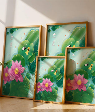Girl and Panda Relaxing on Lily Pads with Pink Lotus and Goldfish