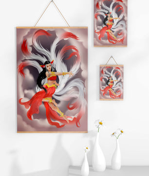 Graceful fantasy fox spirit with flowing tails and red attire in mystical clouds