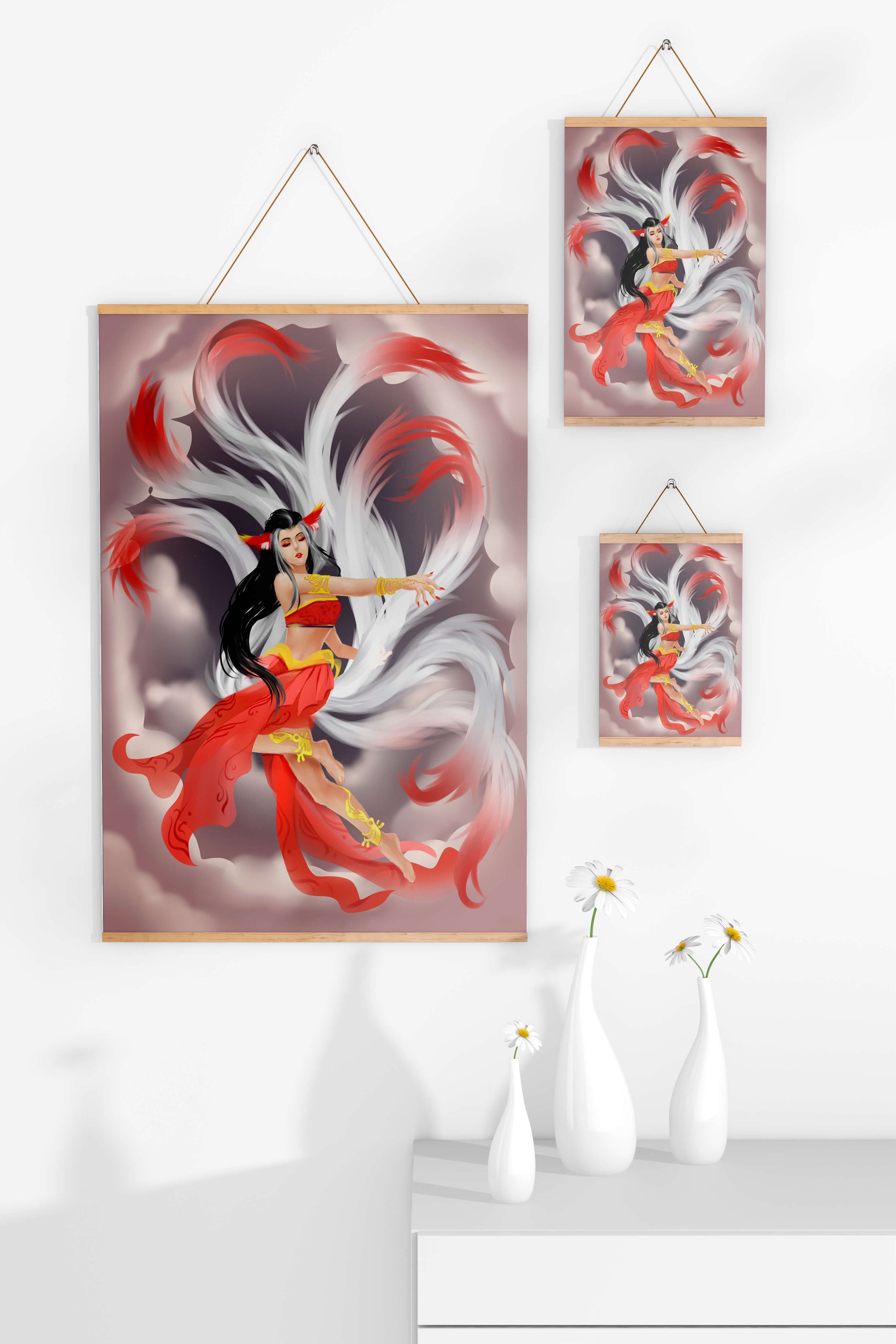 Graceful fantasy fox spirit with flowing tails and red attire in mystical clouds