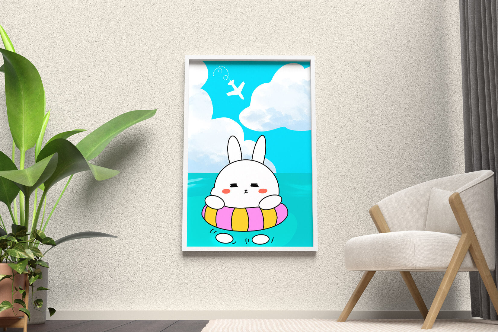 Illustration of a cute bunny floating on a colorful inflatable in a blue ocean under a bright sky with an airplane