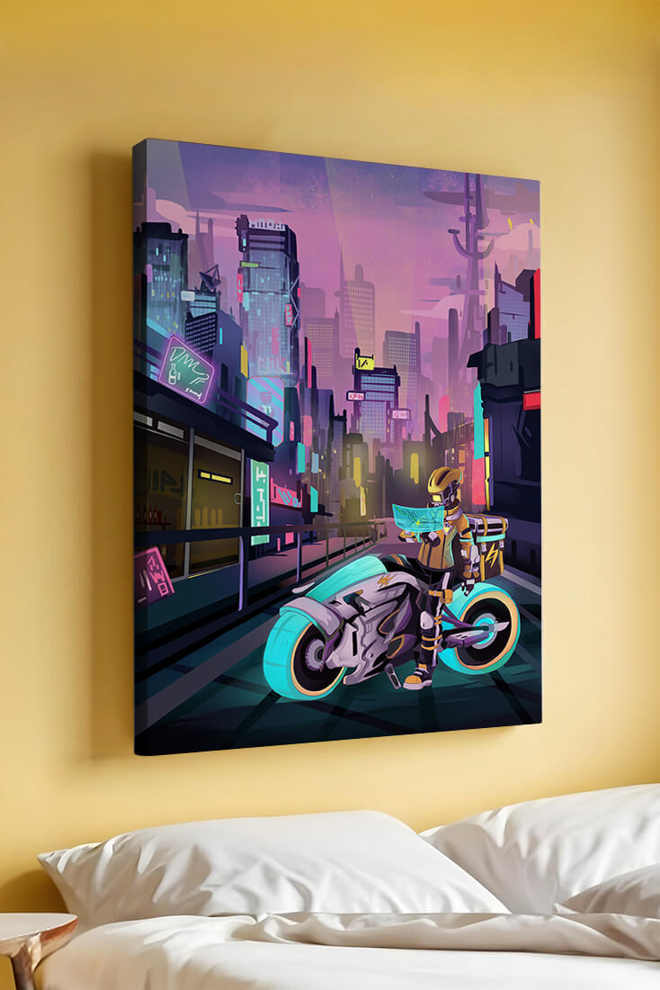 Futuristic Cyberpunk Cityscape with Neon Rider and Motorcycle