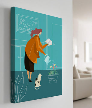 Mujer regando flores con un gato en un interior moderno
