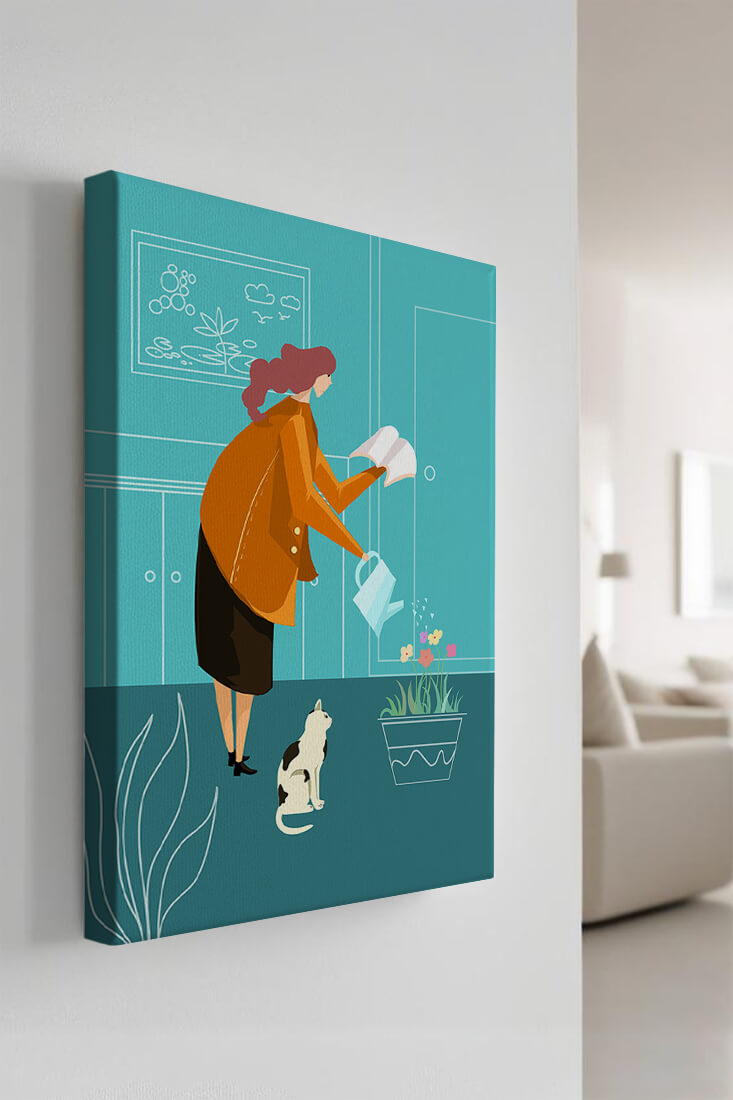 Mujer regando flores con un gato en un interior moderno