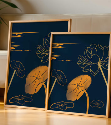 Golden Lotus Flowers in Abstract Night Sky