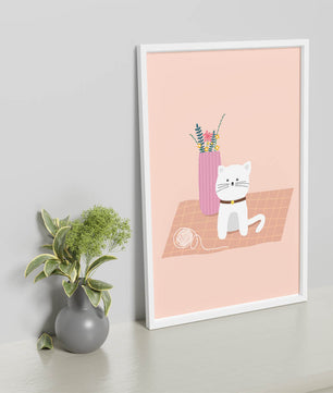 Illustration of a cute white cat with a pink vase and yarn ball on a pastel background