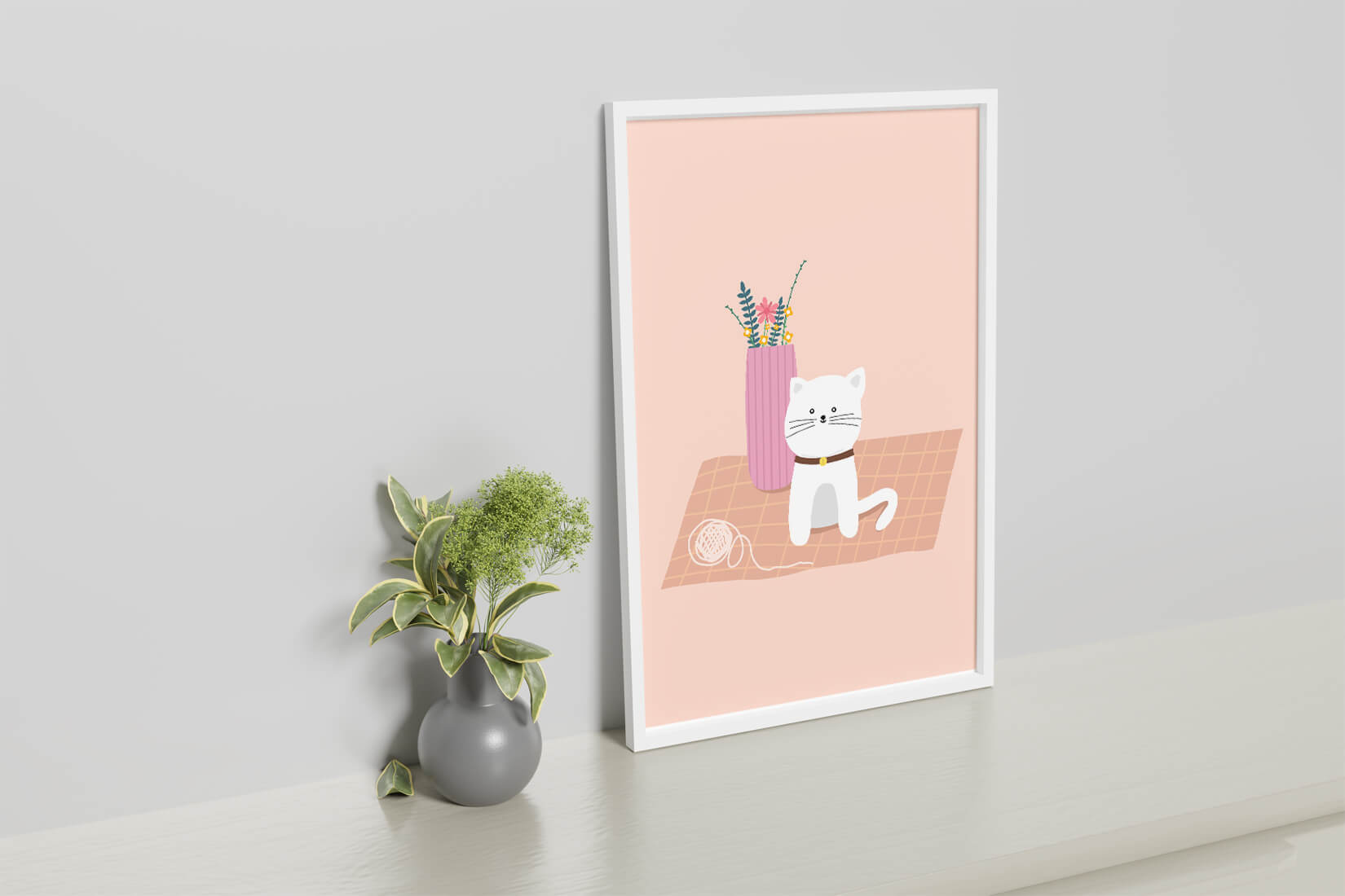 Illustration of a cute white cat with a pink vase and yarn ball on a pastel background