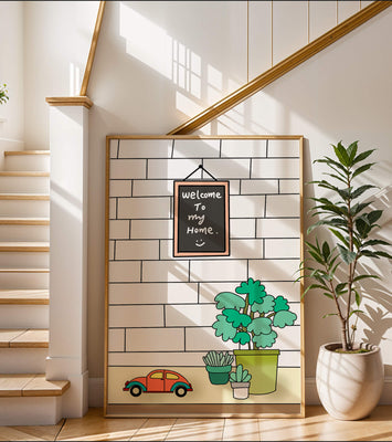 Chalkboard welcome sign with potted plants and a toy car
