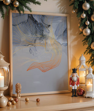 Elegantes abstraktes Design mit fließenden goldenen und orangefarbenen Linien auf blauem Hintergrund