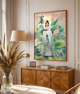 Elegant woman in traditional attire with lotus flowers and serene backdrop