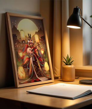 Elegant musician with traditional attire under lanterns and mountains