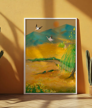 Ruhige Landschaft mit fliegenden Kranichen und goldenen Blüten