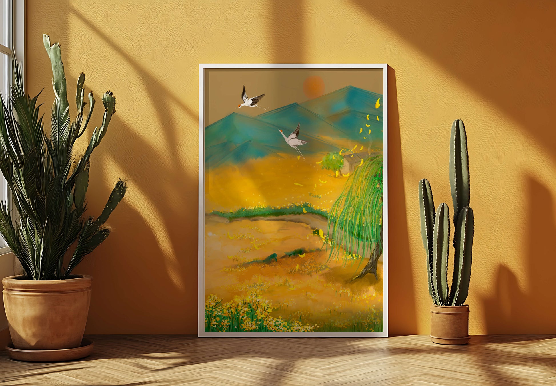 Ruhige Landschaft mit fliegenden Kranichen und goldenen Blüten