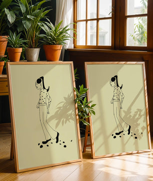 Illustration d'une personne marchant en chemise à pois avec une queue de cheval