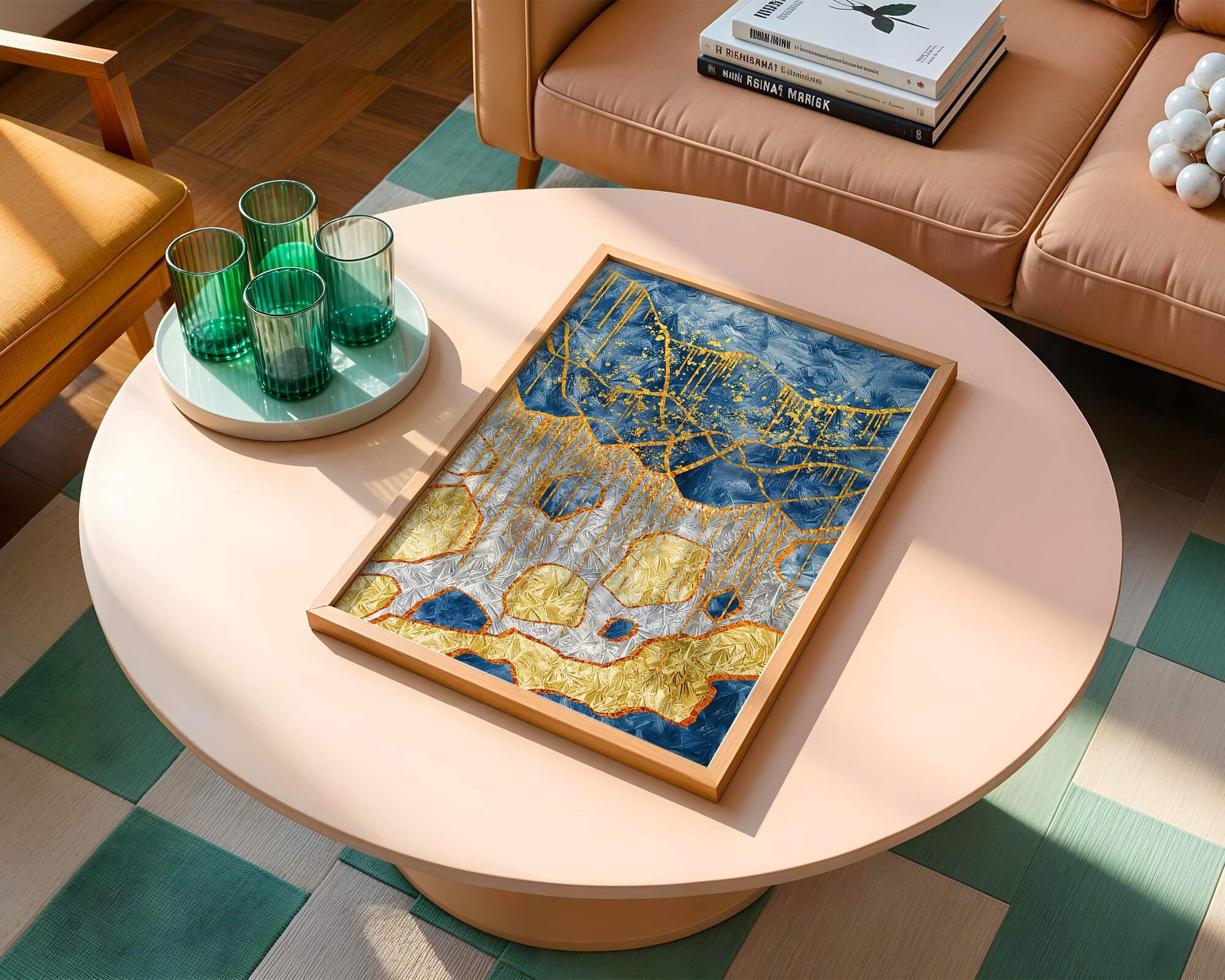 Abstract gold and blue textured art with dynamic splashes of color