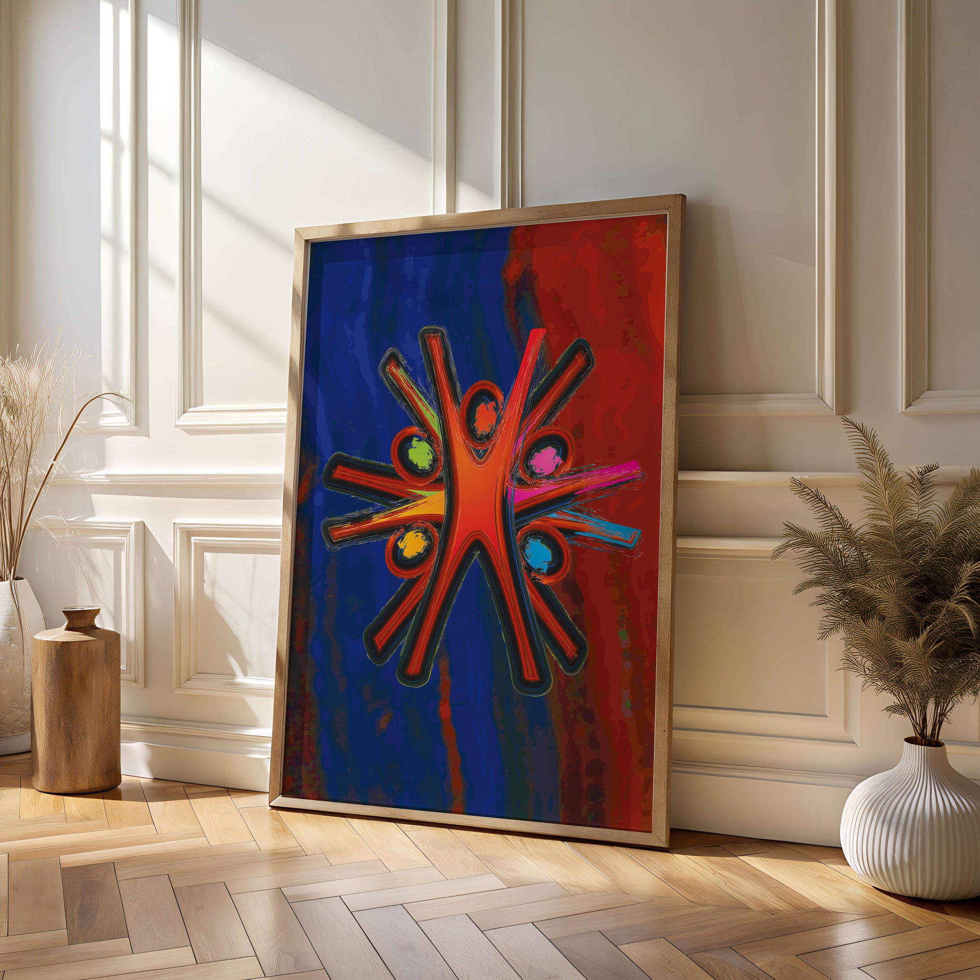 Abstract art with dynamic figures and vibrant colors