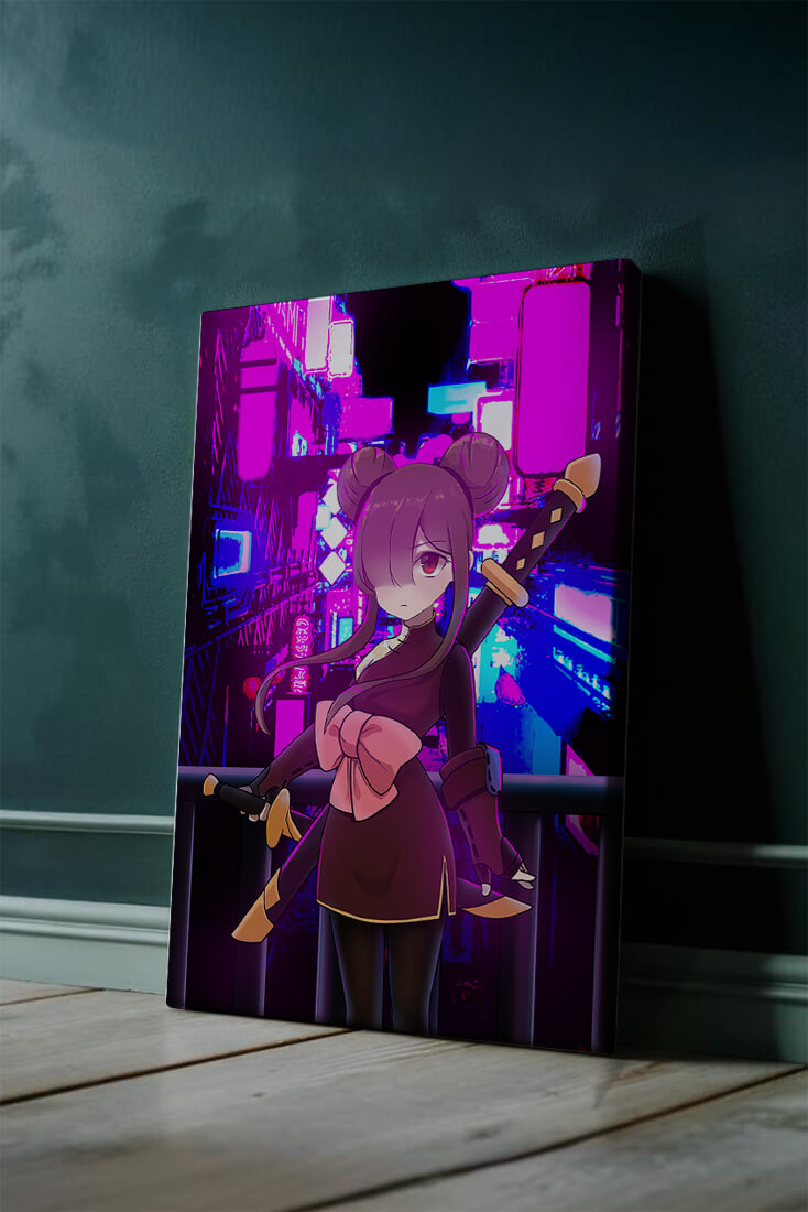 Anime Character with Swords and Neon Cityscape Background