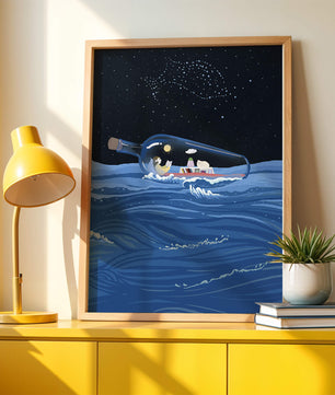 Surreal illustration of a bottle on the ocean with a starry night sky