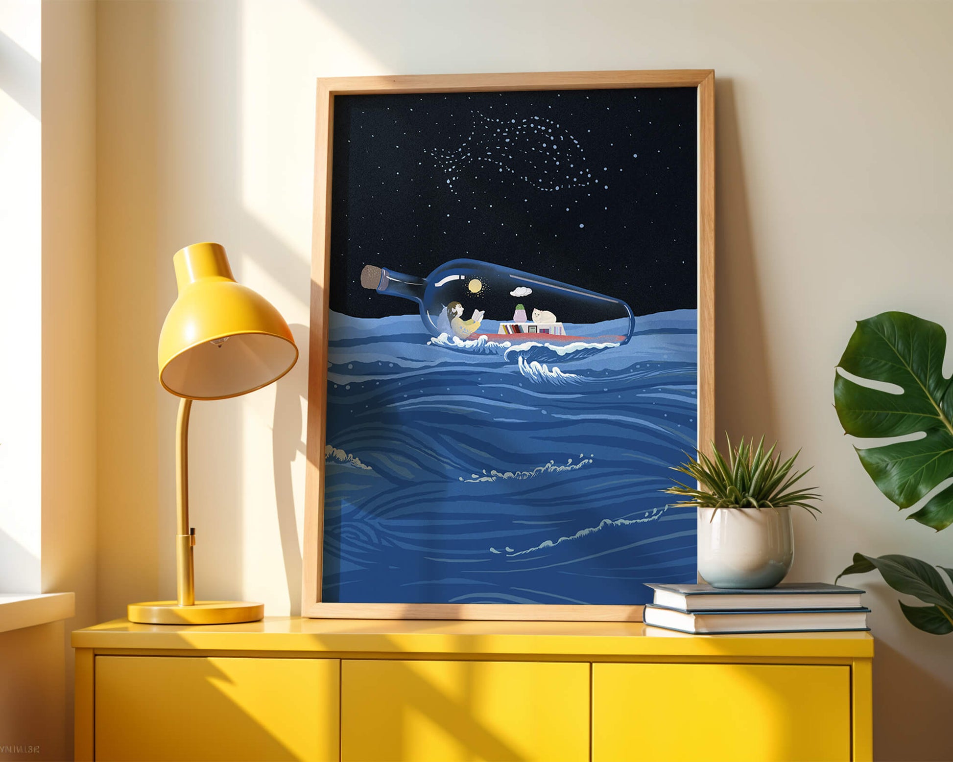 Surreal illustration of a bottle on the ocean with a starry night sky