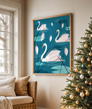 Serene illustration of swans gracefully gliding on a pond with lily pads