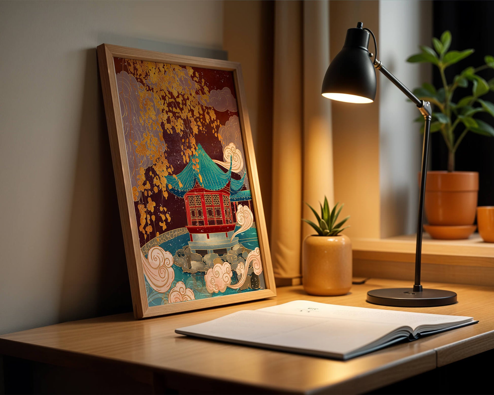 Pabellón chino tradicional con hojas doradas y nubes