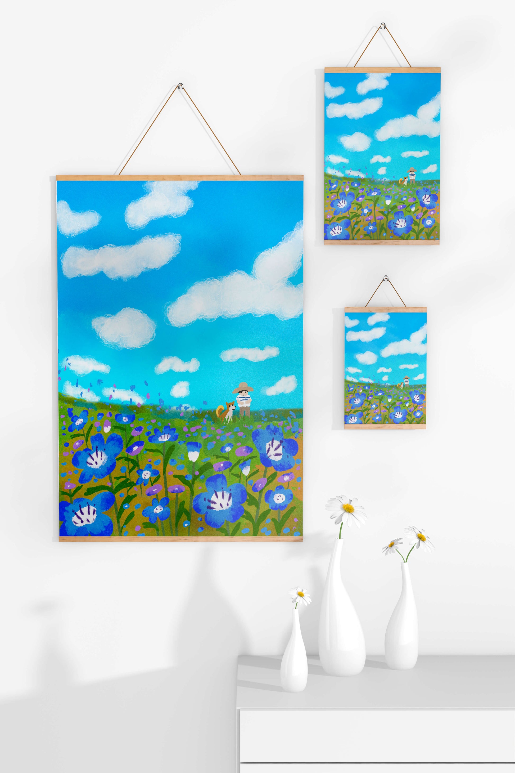 Man and dog in vibrant flower meadow under blue sky