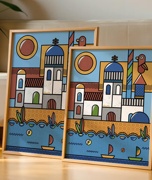 Bunte geometrische Küstendorf-Illustration mit Vögeln und Booten