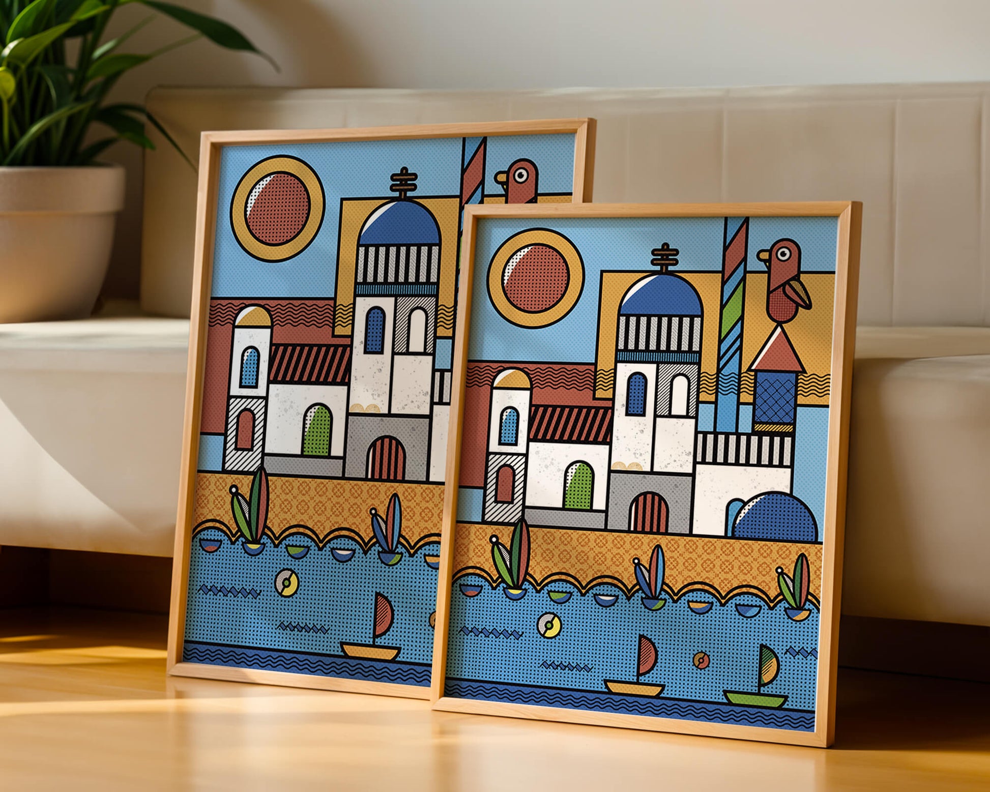 Bunte geometrische Küstendorf-Illustration mit Vögeln und Booten