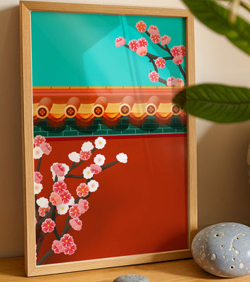 Traditional Asian architecture with cherry blossoms