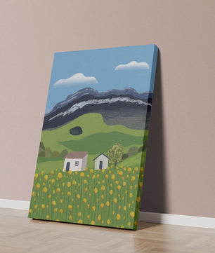 Peaceful Rural Landscape with Houses and Yellow Flowers under Blue Sky