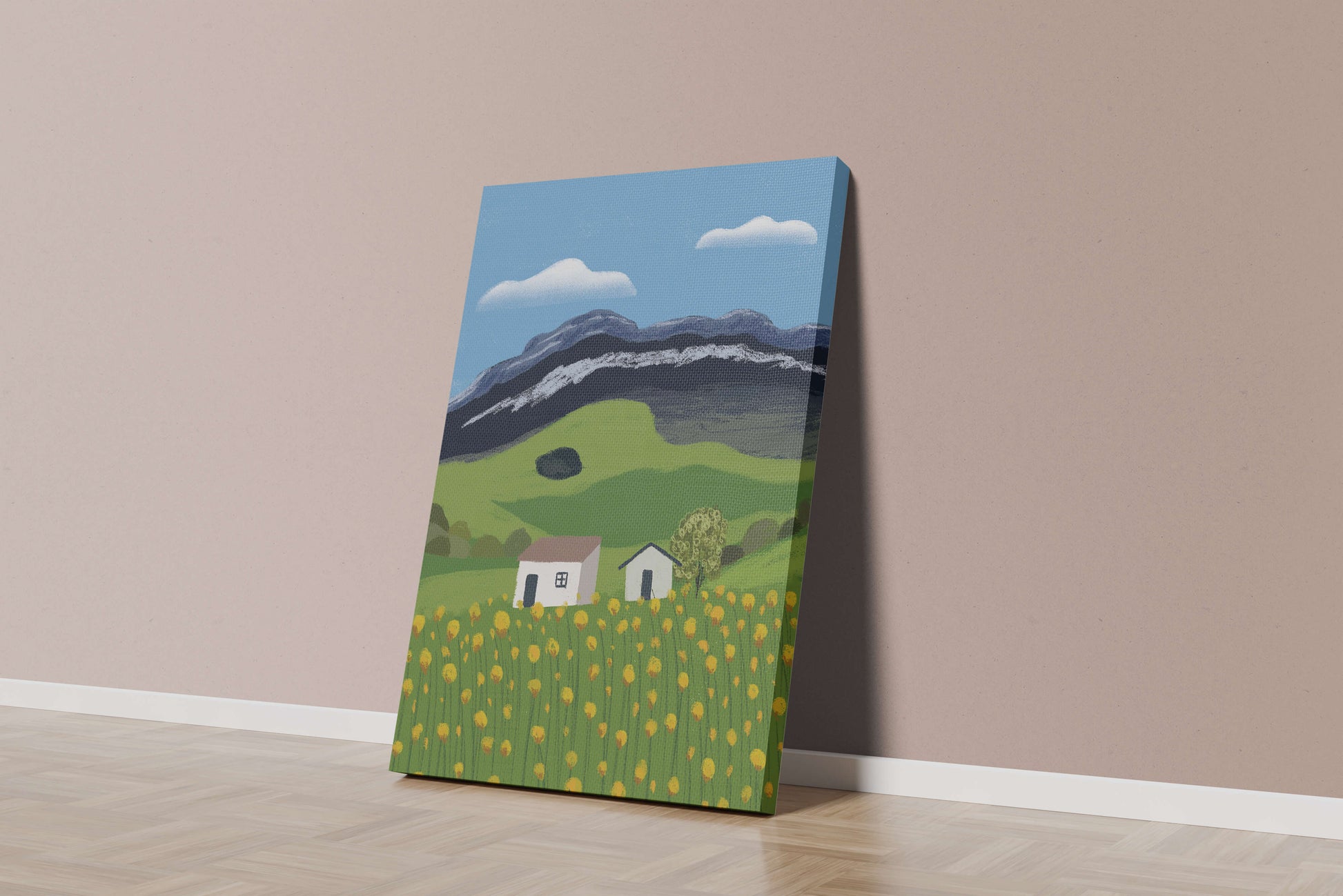 Peaceful Rural Landscape with Houses and Yellow Flowers under Blue Sky