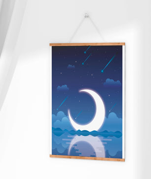 Serene night sky with crescent moon reflecting on water