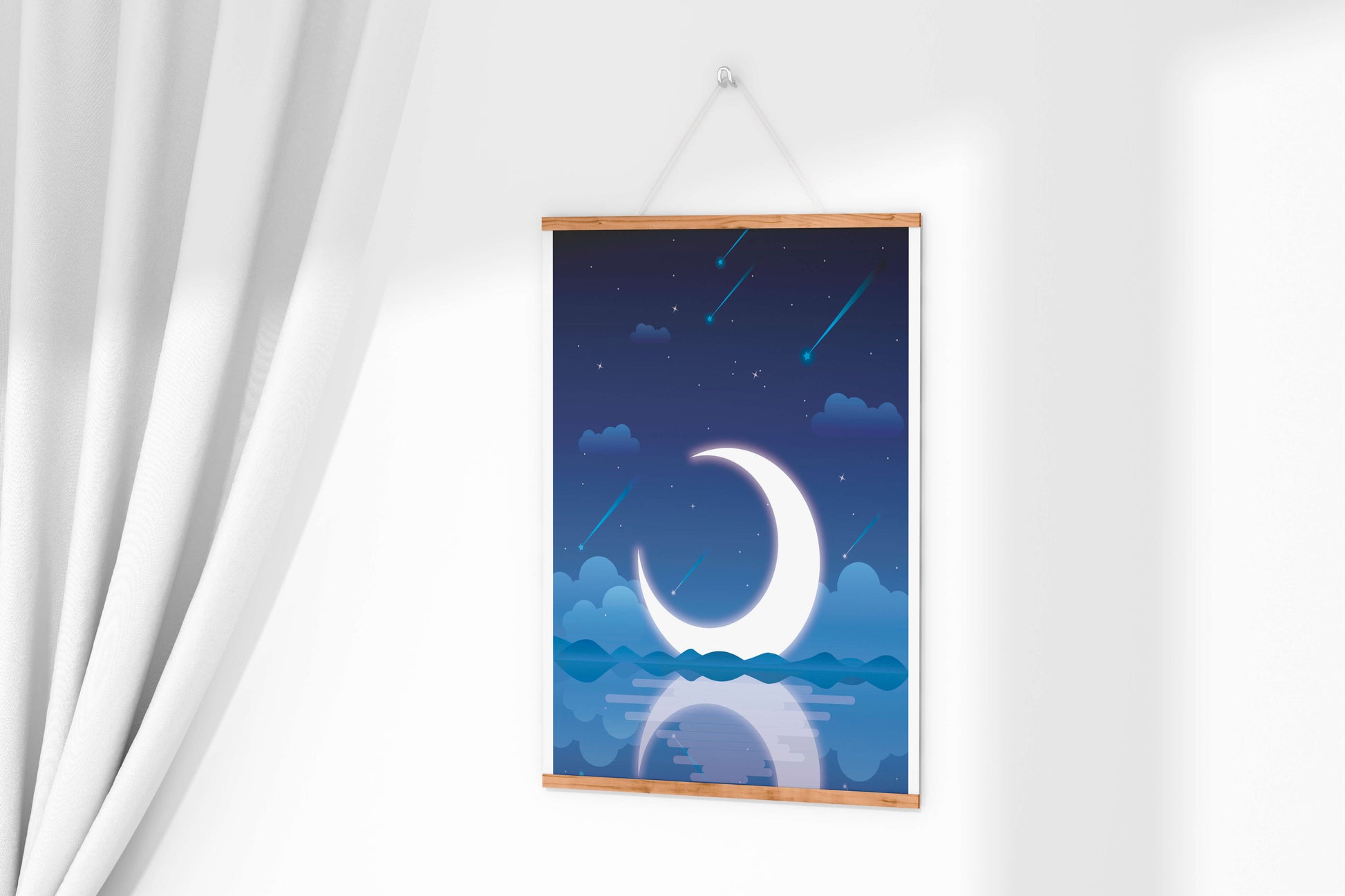 Serene night sky with crescent moon reflecting on water