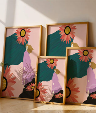 Stylized illustration of woman with vibrant floral elements