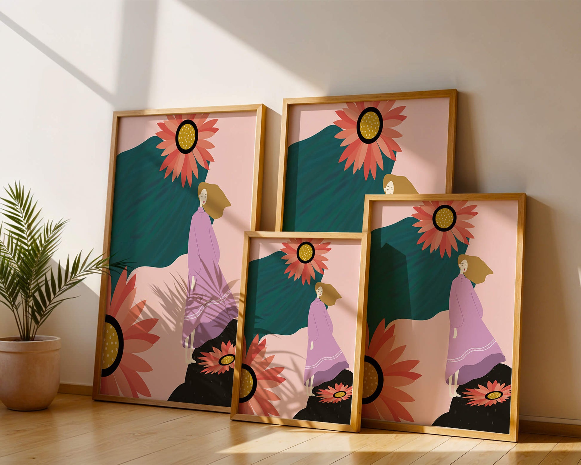 Stylized illustration of woman with vibrant floral elements