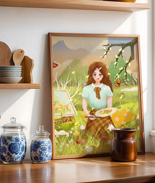 Ilustración de una chica pintando al aire libre rodeada de mariposas y flores