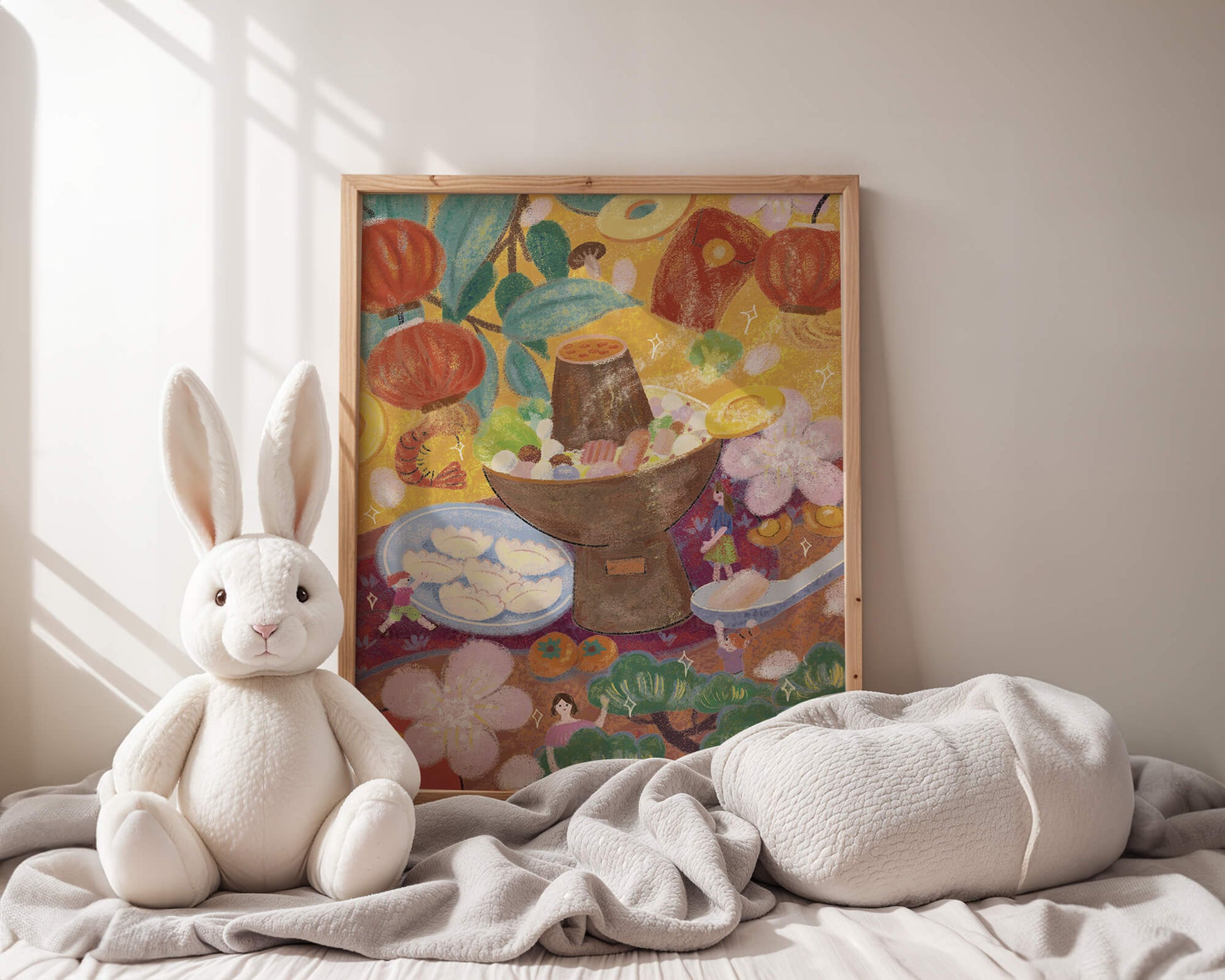 Ilustración del festival de comida asiática colorida con linternas y flores