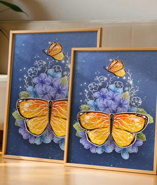 Bright butterfly with blue flowers on a starry background