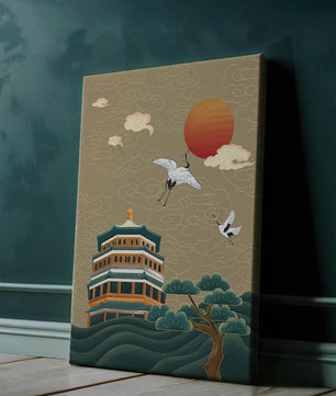 Traditional Asian artwork with cranes and pagoda under a red sun