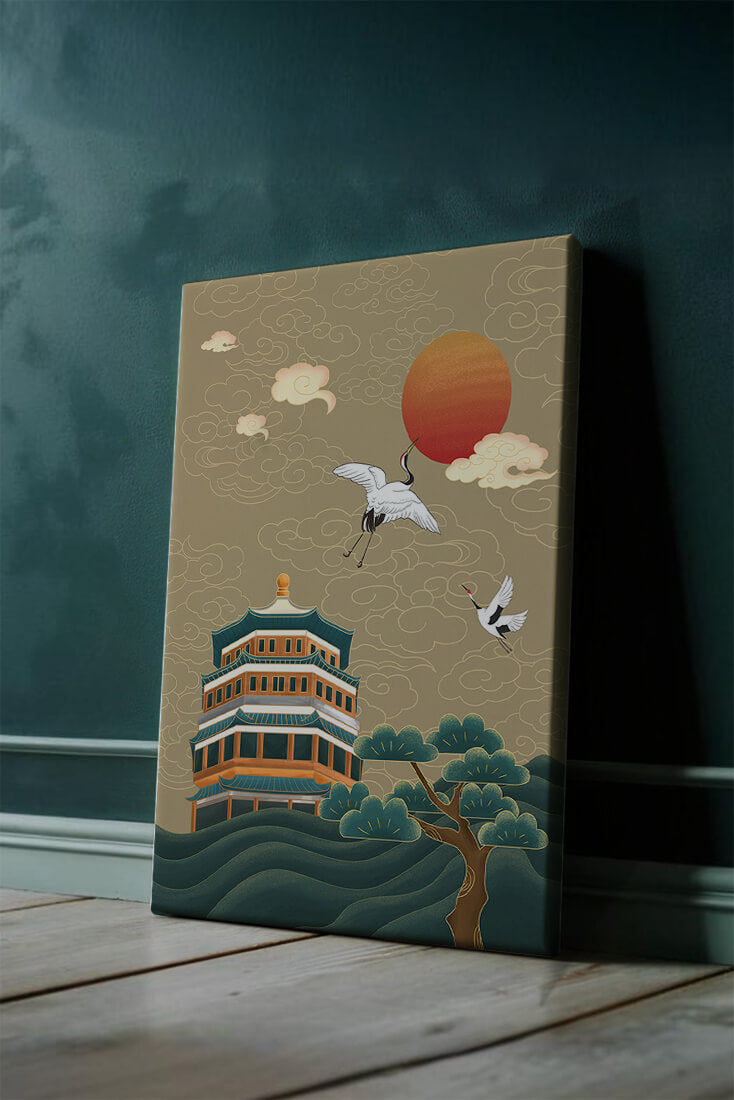 Obra de arte asiática tradicional con grullas y pagoda bajo un sol rojo