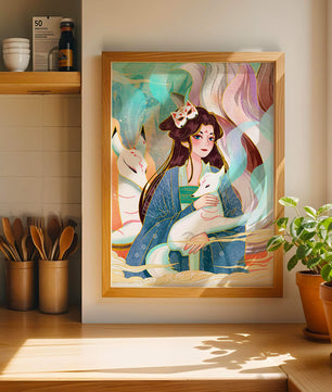 Œuvre de fantasy élégante mettant en scène une figure mystique accompagnée de renards et de couleurs vibrantes