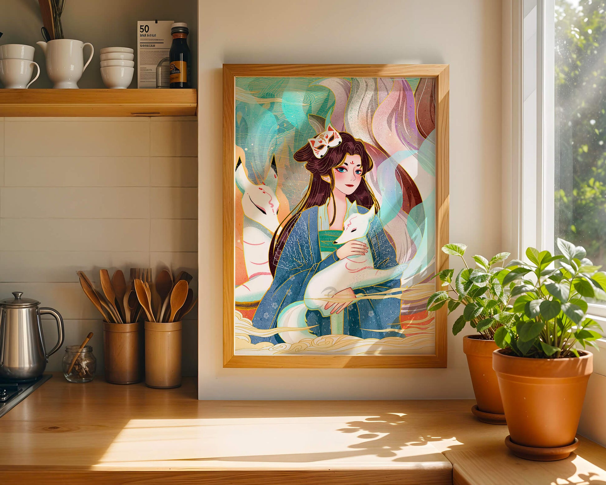 Elegant fantasy artwork featuring a mystical figure with foxes and vibrant colors