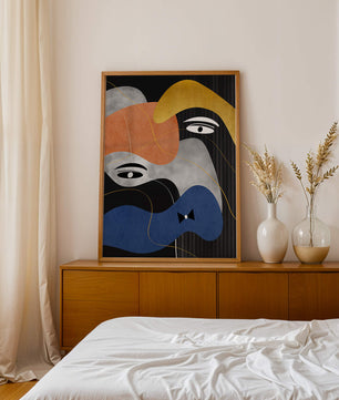 Abstract geometric art with bold colors and gold accents