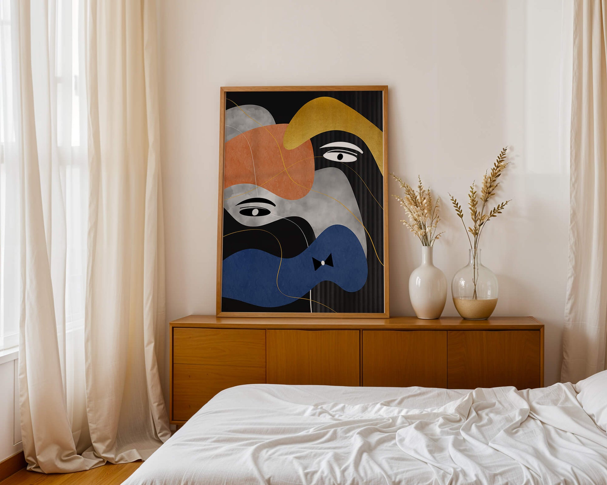 Abstract geometric art with bold colors and gold accents