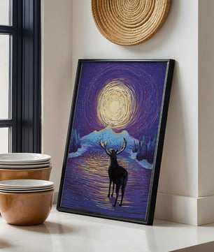 Moose Under Starry Night Sky with Radiant Moon