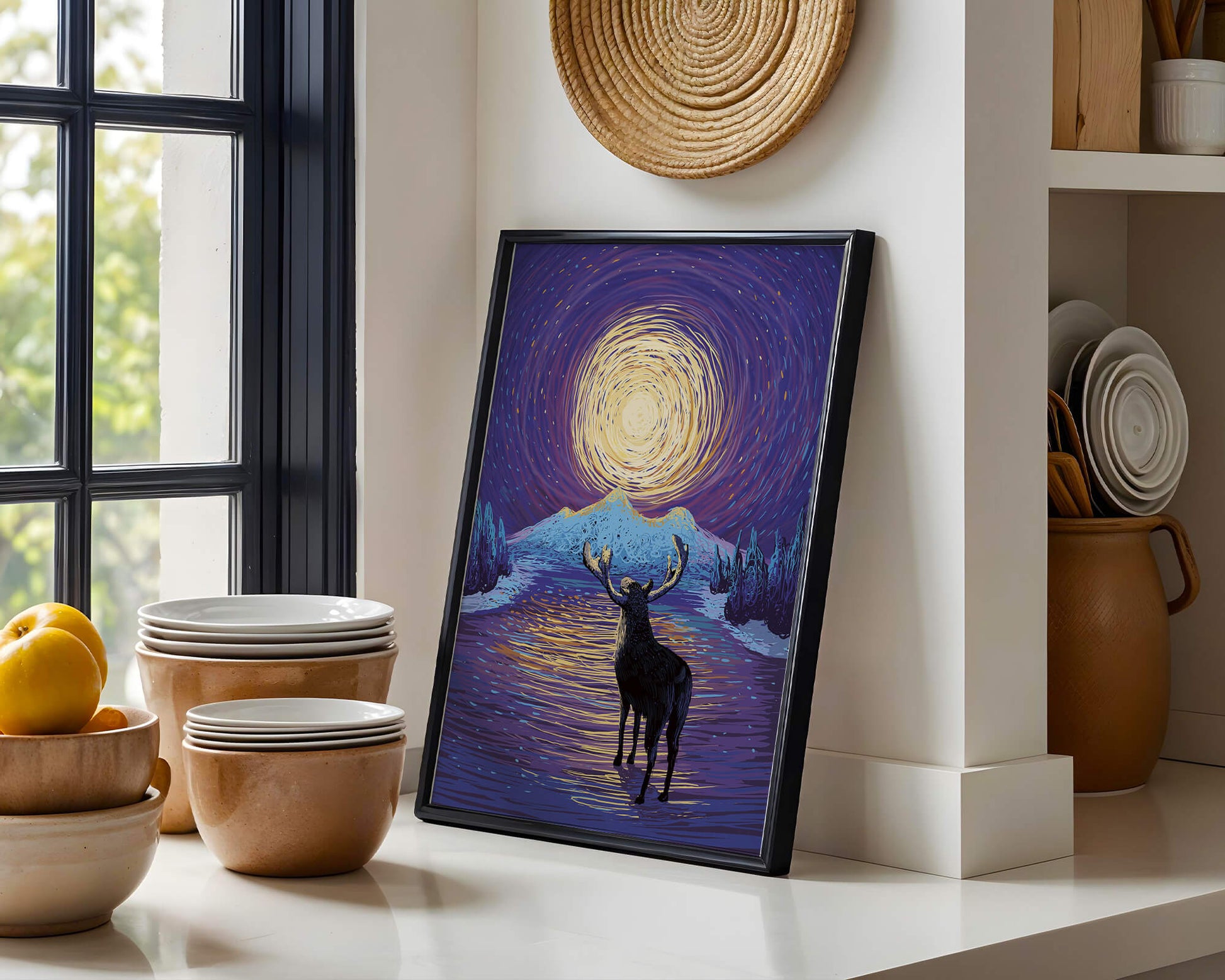 Moose Under Starry Night Sky with Radiant Moon