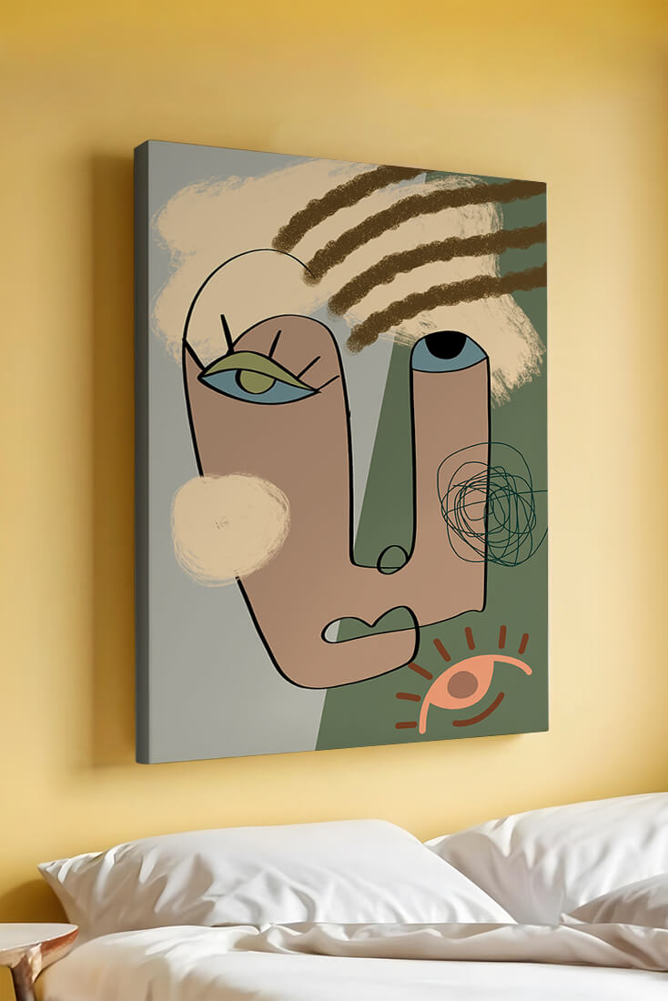 Retrato abstracto con formas geométricas y tonos terrosos.