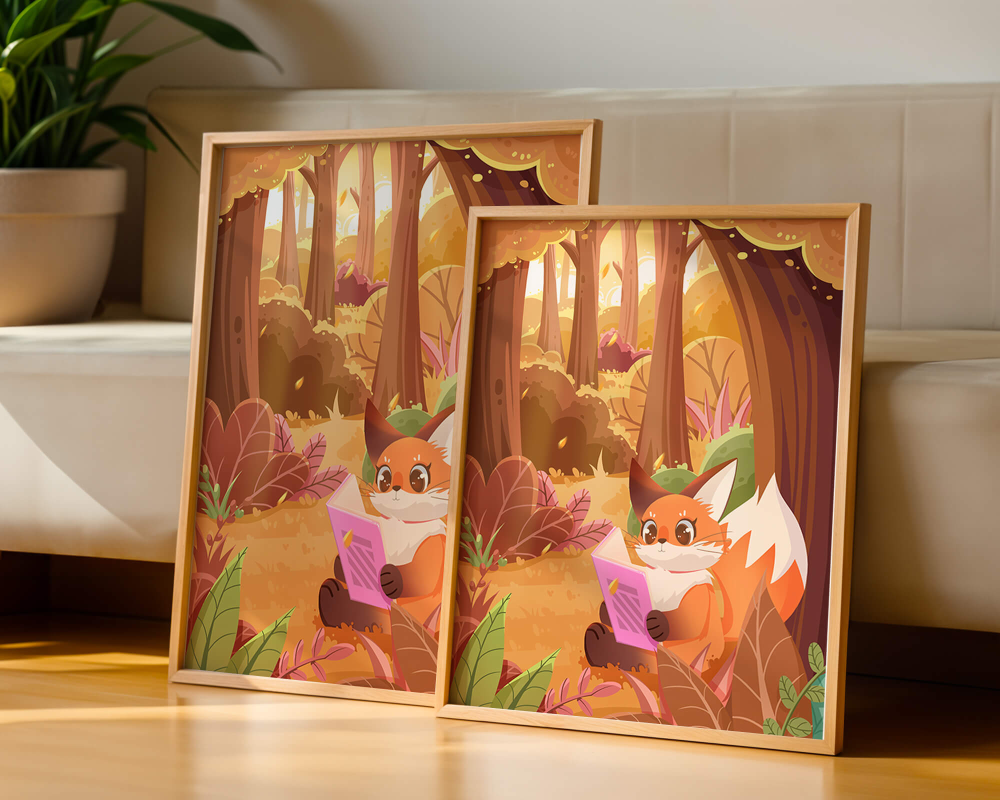 Fox reading a book in a whimsical autumn forest