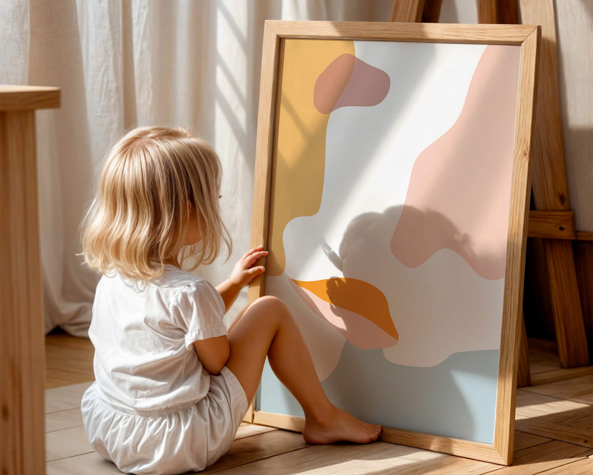 Abstract art with pastel color shapes on white background