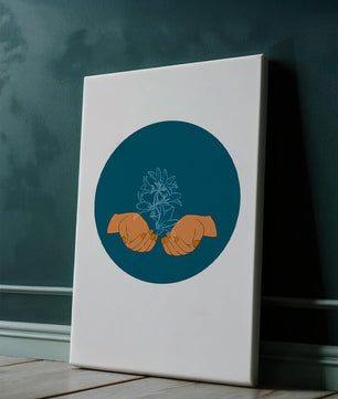 Illustration of Hands Holding a Plant with Teal Background